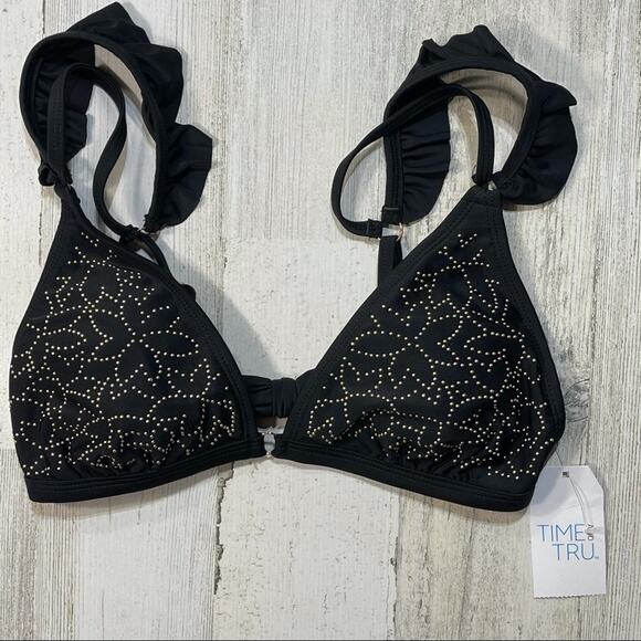 Ruffled Tie Bikini Swim Top Medium (8-10) Black with Gold Studs - Picture 1 of 5